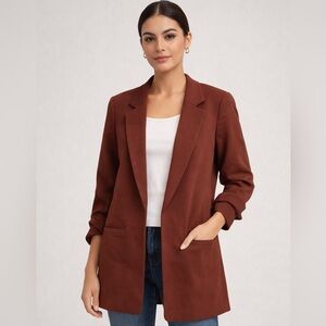 H&M Blazer Suit Coat Jacket Gathered Sleeve Rust Orange Red 2